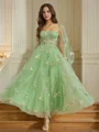 A-Line/Princess Tulle Embroidery Sweetheart Long Sleeves Tea-Length Dresses