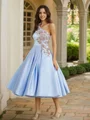A-Line/Princess Satin Applique One-Shoulder Sleeveless Tea-Length Dresses