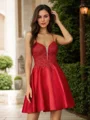 A-Line/Princess Satin Applique Spaghetti Straps Sleeveless Short/Mini Dresses