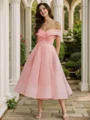 A-Line/Princess Organza Ruched Off-the-Shoulder Sleeveless Tea-Length Dresses