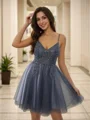 A-Line/Princess Tulle Beading V-neck Sleeveless Short/Mini Dresses