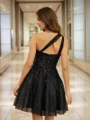 A-Line/Princess Tulle Sequin One-Shoulder Sleeveless Short/Mini Dresses