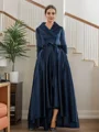 A-Line/Princess Satin Ruched V-neck Long Sleeves Asymmetrical Mother of the Bride Dresses