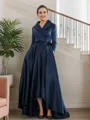 A-Line/Princess Satin Ruched V-neck Long Sleeves Asymmetrical Mother of the Bride Dresses