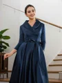 A-Line/Princess Satin Ruched V-neck Long Sleeves Asymmetrical Mother of the Bride Dresses