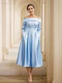 A-Line/Princess Silk Like Satin Ruched Off-the-Shoulder Long Sleeves Tea-Length Mother of the Bride Dresses
