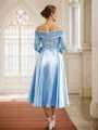 A-Line/Princess Silk Like Satin Ruched Off-the-Shoulder Long Sleeves Tea-Length Mother of the Bride Dresses