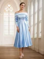 A-Line/Princess Silk Like Satin Ruched Off-the-Shoulder Long Sleeves Tea-Length Mother of the Bride Dresses