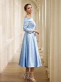 A-Line/Princess Silk Like Satin Ruched Off-the-Shoulder Long Sleeves Tea-Length Mother of the Bride Dresses