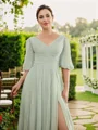 A-Line/Princess Chiffon Ruched V-neck 1/2 Sleeves Floor-Length Mother of the Bride Dresses