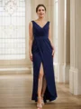 Sheath/Column Stretch Crepe Ruched V-neck Sleeveless Floor-Length Mother of the Bride Dresses