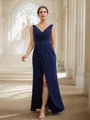 Sheath/Column Stretch Crepe Ruched V-neck Sleeveless Floor-Length Mother of the Bride Dresses