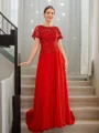 A-Line/Princess Chiffon Applique Scoop Short Sleeves Sweep Train Mother of the Bride Dresses