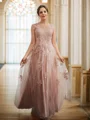 A-Line/Princess Tulle Applique V-neck Sleeveless Floor-Length Dresses