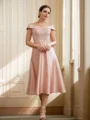A-Line/Princess Satin Applique Off-the-Shoulder Sleeveless Tea-Length Mother of the Bride Dresses