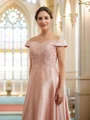 A-Line/Princess Satin Applique Off-the-Shoulder Sleeveless Tea-Length Mother of the Bride Dresses