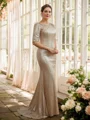 Sheath/Column Sequins Ruched 1/2 Sleeves Sweep Train Mother of the Bride Dresses