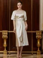 Sheath/Column Silk Like Satin Ruched Scoop Short Sleeves Tea-Length Mother of the Bride Dresses