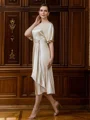 Sheath/Column Silk Like Satin Ruched Scoop Short Sleeves Tea-Length Mother of the Bride Dresses