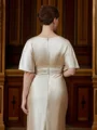 Sheath/Column Silk Like Satin Ruched Scoop Short Sleeves Tea-Length Mother of the Bride Dresses