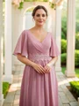 A-Line/Princess Chiffon Ruched V-neck 1/2 Sleeves Floor-Length Mother of the Bride Dresses