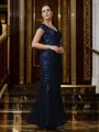Sheath/Column Tulle Applique V-neck Short Sleeves Floor-Length Mother of the Bride Dresses