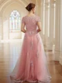 A-Line/Princess Tulle Applique Bateau Short Sleeves Floor-Length Dresses