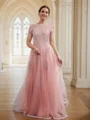 A-Line/Princess Tulle Applique Bateau Short Sleeves Floor-Length Dresses