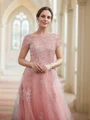 A-Line/Princess Tulle Applique Bateau Short Sleeves Floor-Length Dresses