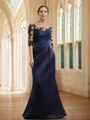 Sheath/Column Satin Applique Bateau 1/2 Sleeves Sweep Train Mother of the Bride Dresses