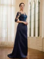 Sheath/Column Satin Applique Bateau 1/2 Sleeves Sweep Train Mother of the Bride Dresses