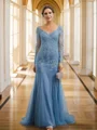 Sheath/Column Tulle Applique V-neck Long Sleeves Sweep Train Mother of the Bride Dresses