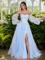 A-line Straight Long Sleeves Appliques Lace Sweep Train Tulle Corset Convertible Dress