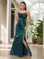 Sheath Spaghetti Straps Pleated Floor-Length Satin Dress