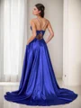 A-line V-neck Appliques Lace Sweep Train Silk Like Satin Dress