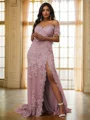 Sheath/Column Tulle Applique Off-the-Shoulder Sleeveless Sweep Train Dresses