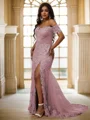 Sheath/Column Tulle Applique Off-the-Shoulder Sleeveless Sweep Train Dresses