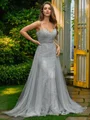A-Line/Princess Tulle Lace V-neck Sleeveless Sweep Train Dresses