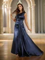 Sheath/Column Silk Like Satin Ruffles One-Shoulder Sleeveless Sweep Train Dresses