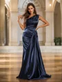Sheath/Column Silk Like Satin Ruffles One-Shoulder Sleeveless Sweep Train Dresses