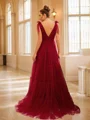 A-Line/Princess Tulle Ruffles V-neck Sleeveless Sweep Train Dresses