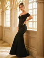 Sheath/Column Stretch Crepe Ruched Off-the-Shoulder Short Sleeves Floor-Length Dresses