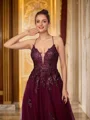 A-Line/Princess Tulle Applique V-neck Sleeveless Court Train Dresses