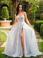 A-Line/Princess Tulle Applique Sweetheart Sleeveless Court Train Dresses