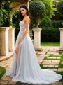 A-Line/Princess Tulle Applique Sweetheart Sleeveless Court Train Dresses