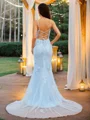 Sheath/Column Tulle Applique V-neck Sleeveless Court Train Dresses