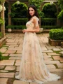 A-Line/Princess Lace Ruffles Straps Sleeveless Sweep Train Dresses