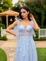 A-Line/Princess Tulle Applique Straps Sleeveless Sweep Train Dresses