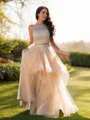 A-Line/Princess Tulle Beading Scoop Sleeveless Floor-Length Two Piece Dresses