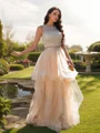 A-Line/Princess Tulle Beading Scoop Sleeveless Floor-Length Two Piece Dresses